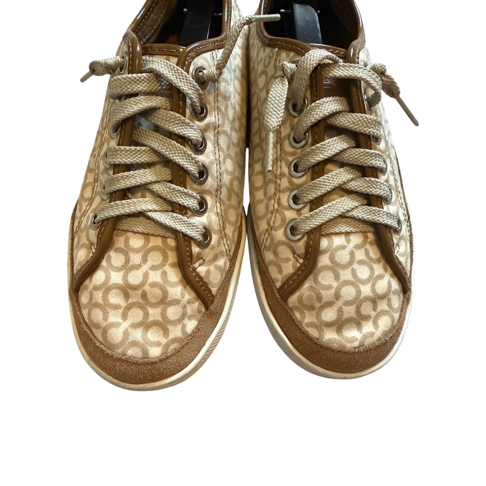 Pre- Loved Coach Edith Signature Canvas Sneakers Tan Brown Logo Women's Size 8M - Picture 2 of 16